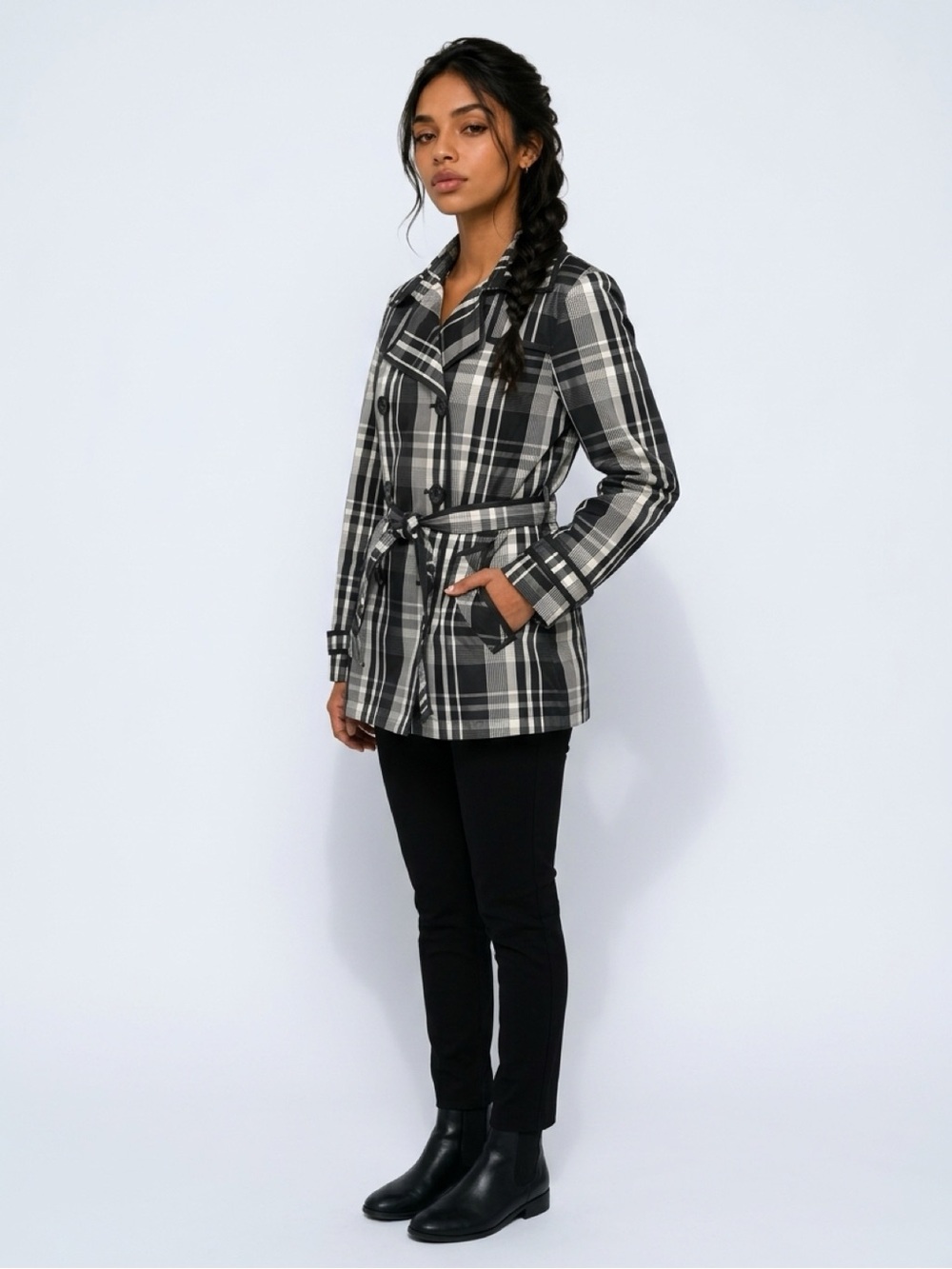 White House Black Market Black & White Plaid Trench Coat